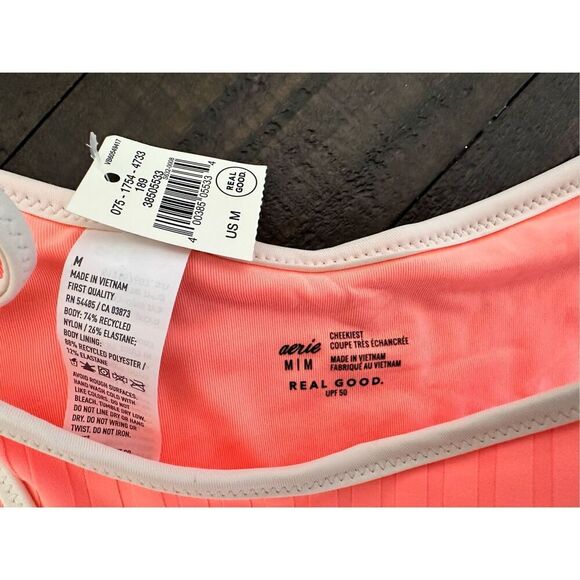 Aerie Pink and White Ribbed Cheekiest Tie Side Bikini Bottom Size Medium - Picture 3 of 4